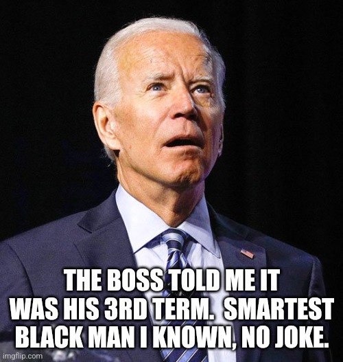 Joe Biden | THE BOSS TOLD ME IT WAS HIS 3RD TERM.  SMARTEST BLACK MAN I KNOWN, NO JOKE. | image tagged in joe biden | made w/ Imgflip meme maker