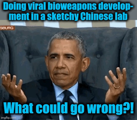 Barack Obama shrug | Doing viral bioweapons develop-
ment in a sketchy Chinese lab What could go wrong?! | image tagged in barack obama shrug | made w/ Imgflip meme maker