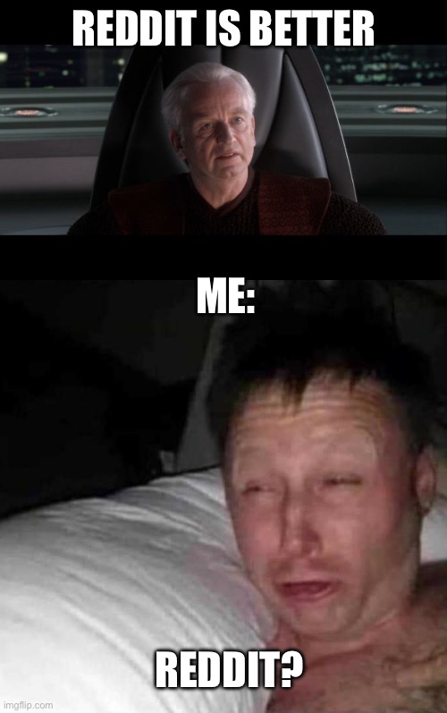 Correct | REDDIT IS BETTER; ME:; REDDIT? | image tagged in i am the senate,sleepy guy | made w/ Imgflip meme maker