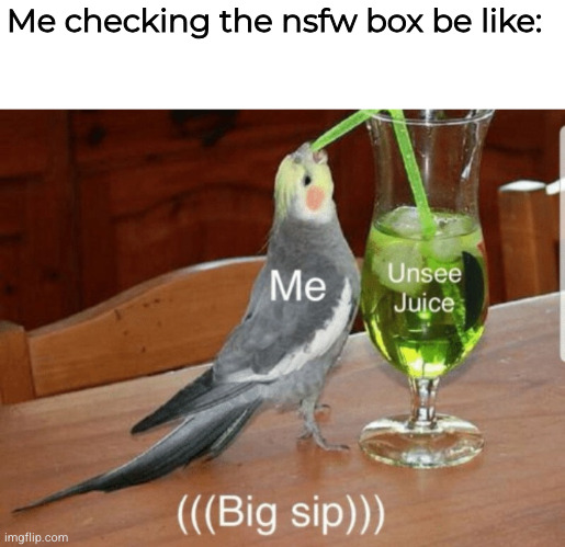 Unsee juice | Me checking the nsfw box be like: | image tagged in unsee juice | made w/ Imgflip meme maker
