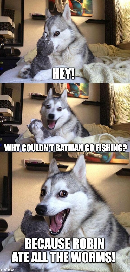 Bad Pun Dog Meme | HEY! WHY COULDN'T BATMAN GO FISHING? BECAUSE ROBIN ATE ALL THE WORMS! | image tagged in memes,bad pun dog,batman,jokes,fishing | made w/ Imgflip meme maker