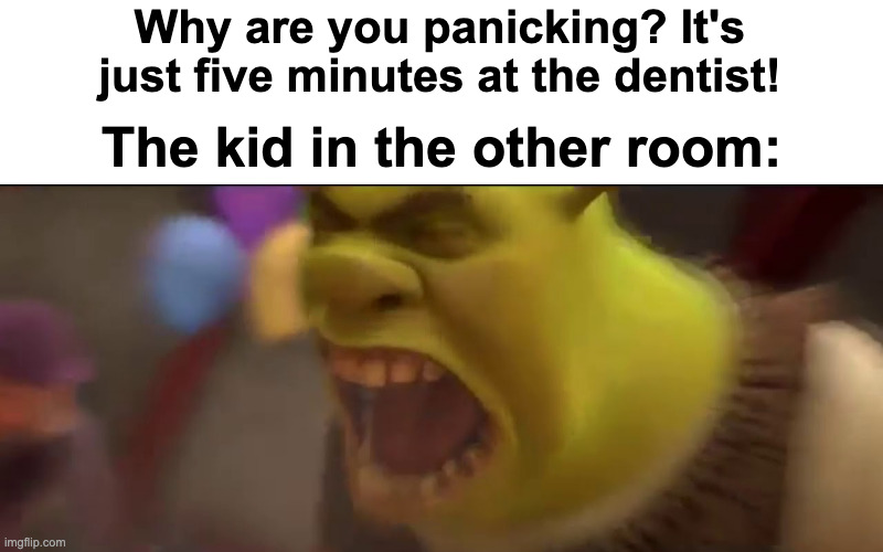 Dental Hell | Why are you panicking? It's just five minutes at the dentist! The kid in the other room: | image tagged in shrek screaming | made w/ Imgflip meme maker