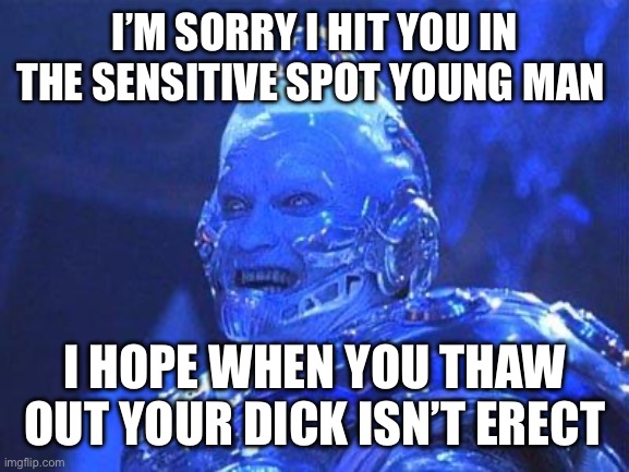 Mr Freeze | I’M SORRY I HIT YOU IN THE SENSITIVE SPOT YOUNG MAN; I HOPE WHEN YOU THAW OUT YOUR DICK ISN’T ERECT | image tagged in mr freeze | made w/ Imgflip meme maker