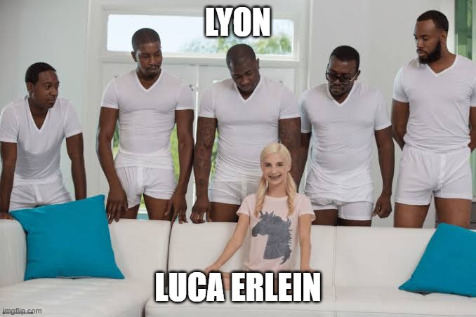 One girl five guys | LYON; LUCA ERLEIN | image tagged in one girl five guys | made w/ Imgflip meme maker