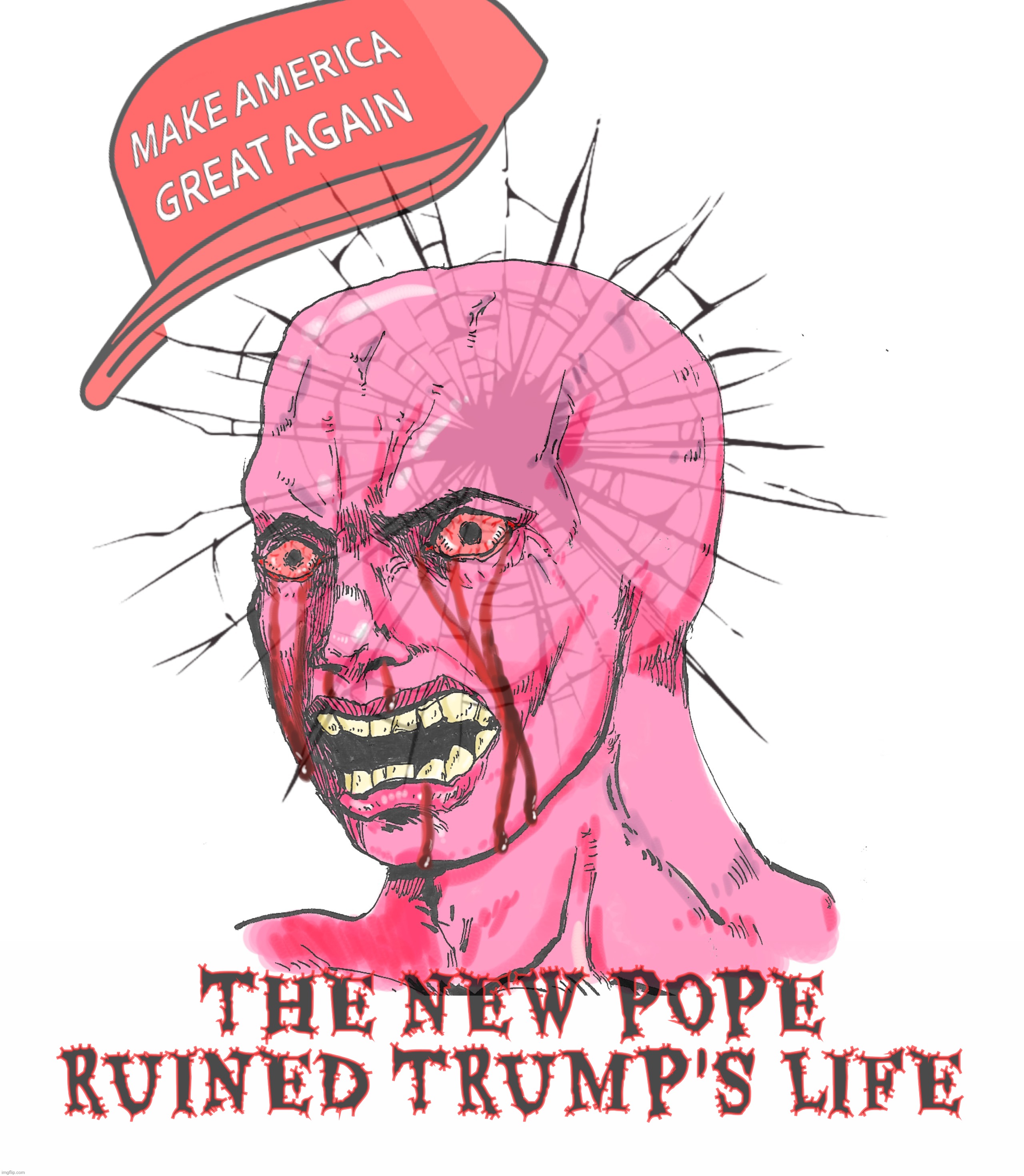 Pope Leo is out to give Trump a bad time and that's not right because he has feelz | THE NEW POPE RUINED TRUMP'S LIFE | image tagged in wojak,magat,trump,his life is ruined,pope leo,blame it on jd vance | made w/ Imgflip meme maker