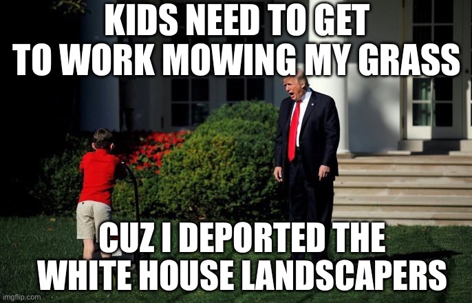 Trump Lawn Mower | KIDS NEED TO GET TO WORK MOWING MY GRASS CUZ I DEPORTED THE WHITE HOUSE LANDSCAPERS | image tagged in trump lawn mower | made w/ Imgflip meme maker
