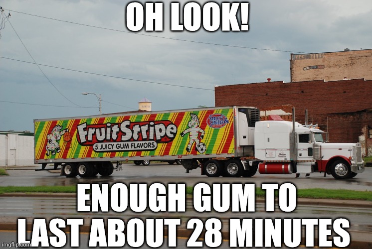 Oh Look Enough Gum To Last About 28 Minutes | OH LOOK! ENOUGH GUM TO LAST ABOUT 28 MINUTES | image tagged in chrisjoines1 | made w/ Imgflip meme maker