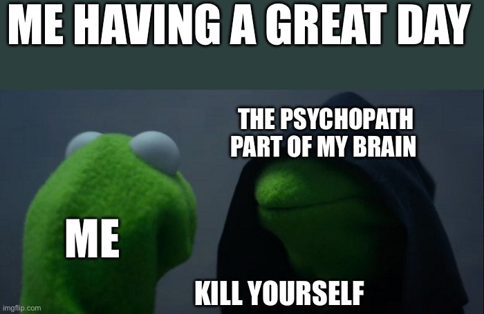 Random thought because stupid crap | ME HAVING A GREAT DAY; THE PSYCHOPATH PART OF MY BRAIN; ME; KILL YOURSELF | image tagged in memes,evil kermit | made w/ Imgflip meme maker