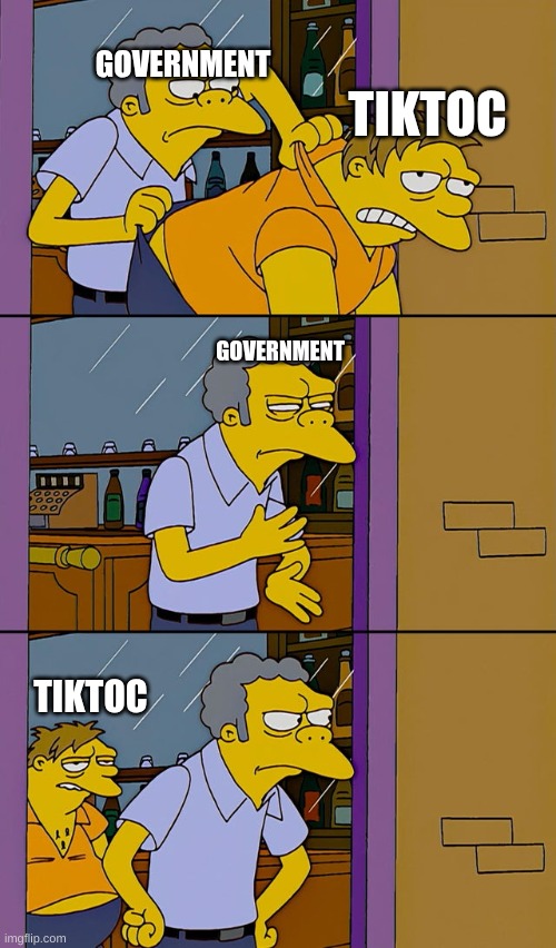 Moe throws Barney | GOVERNMENT; TIKTOC; GOVERNMENT; TIKTOC | image tagged in moe throws barney | made w/ Imgflip meme maker