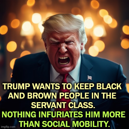 Trump angry tantrum furious annoyed exasperated infuriated | TRUMP WANTS TO KEEP BLACK 
AND BROWN PEOPLE IN THE 
SERVANT CLASS. NOTHING INFURIATES HIM MORE 
THAN SOCIAL MOBILITY. | image tagged in trump angry tantrum furious annoyed exasperated infuriated,trump,hate,black,brown,class | made w/ Imgflip meme maker