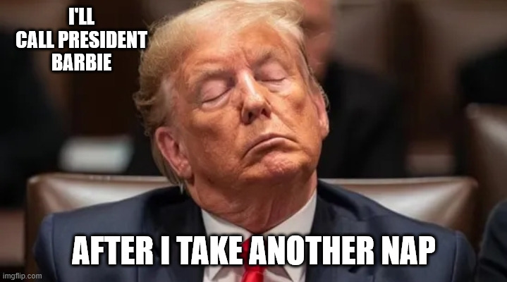 Sleepy Donald Trump | I'LL CALL PRESIDENT BARBIE AFTER I TAKE ANOTHER NAP | image tagged in sleepy donald trump | made w/ Imgflip meme maker