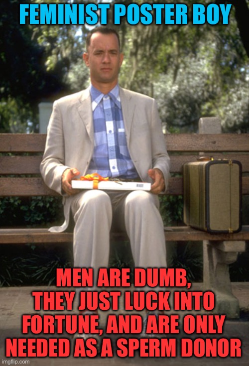 Poster Boy for Feminism | FEMINIST POSTER BOY; MEN ARE DUMB, THEY JUST LUCK INTO FORTUNE, AND ARE ONLY NEEDED AS A SPERM DONOR | image tagged in forest gump,feminism,poster,sperm,funny | made w/ Imgflip meme maker