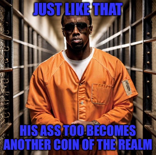 Ped in the Feds | JUST LIKE THAT; HIS ASS TOO BECOMES ANOTHER COIN OF THE REALM | image tagged in p diddy diddler inmate prison,p diddy,diddy,money,hip hop | made w/ Imgflip meme maker