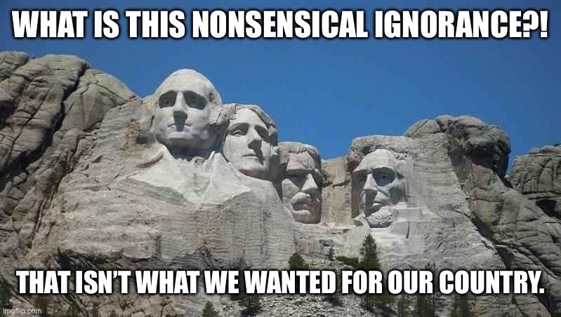 When the forefathers don’t understand. | WHAT IS THIS NONSENSICAL IGNORANCE?! THAT ISN’T WHAT WE WANTED FOR OUR COUNTRY. | image tagged in mount rushmore | made w/ Imgflip meme maker