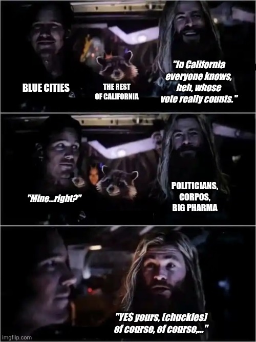 Whose vote really counts in California? | "In California everyone knows, heh, whose vote really counts."; BLUE CITIES; THE REST OF CALIFORNIA; POLITICIANS, CORPOS, BIG PHARMA; "Mine...right?"; "YES yours, (chuckles) of course, of course,..." | image tagged in who's in charge,memes,politics,republicans,democrats,california | made w/ Imgflip meme maker