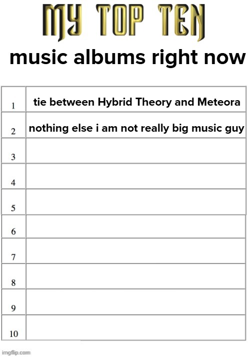 MY TOP TEN LIST | music albums right now; tie between Hybrid Theory and Meteora; nothing else i am not really big music guy | image tagged in my top ten list | made w/ Imgflip meme maker