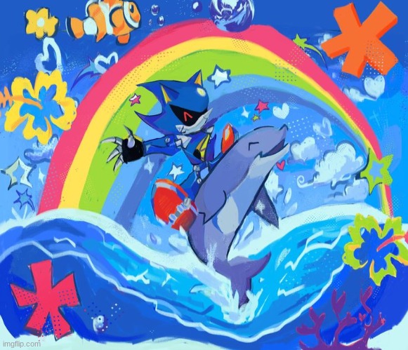 image tagged in happy dolphin rainbow metal sonic | made w/ Imgflip meme maker