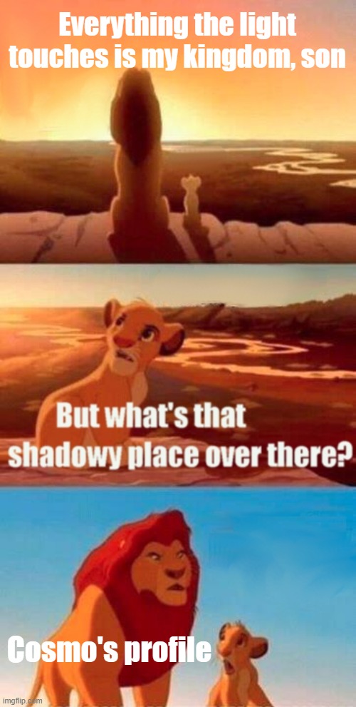 Simba Shadowy Place | Everything the light touches is my kingdom, son; Cosmo's profile | image tagged in memes,simba shadowy place | made w/ Imgflip meme maker