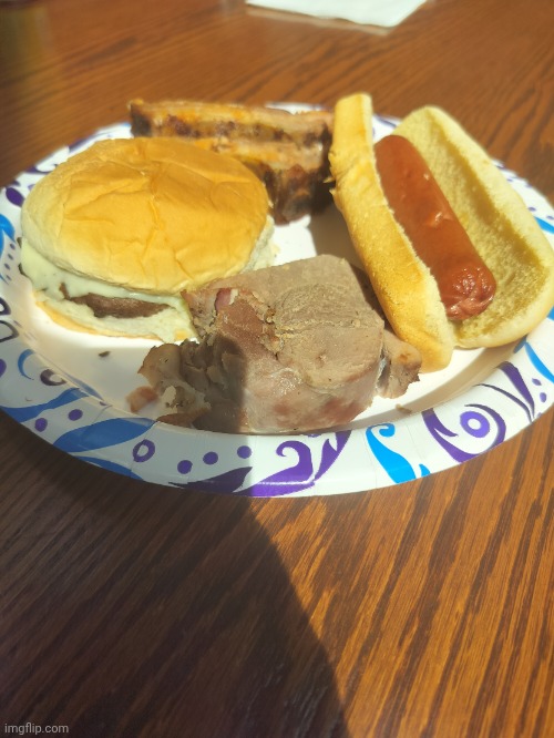 burger, hog rib, venison, and hotdog | image tagged in meat plate | made w/ Imgflip meme maker