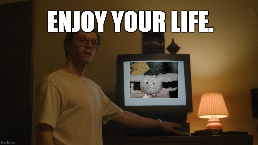 this goes out to everyone reading this | ENJOY YOUR LIFE. | image tagged in dahmer template,plush,rabbit | made w/ Imgflip meme maker