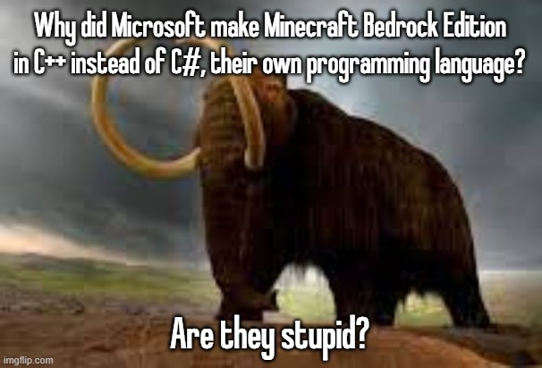 WiseMysticalMammoth 2: Electric Boogaloo | Why did Microsoft make Minecraft Bedrock Edition in C++ instead of C#, their own programming language? Are they stupid? | image tagged in wisemysticalmammoth 2 electric boogaloo | made w/ Imgflip meme maker