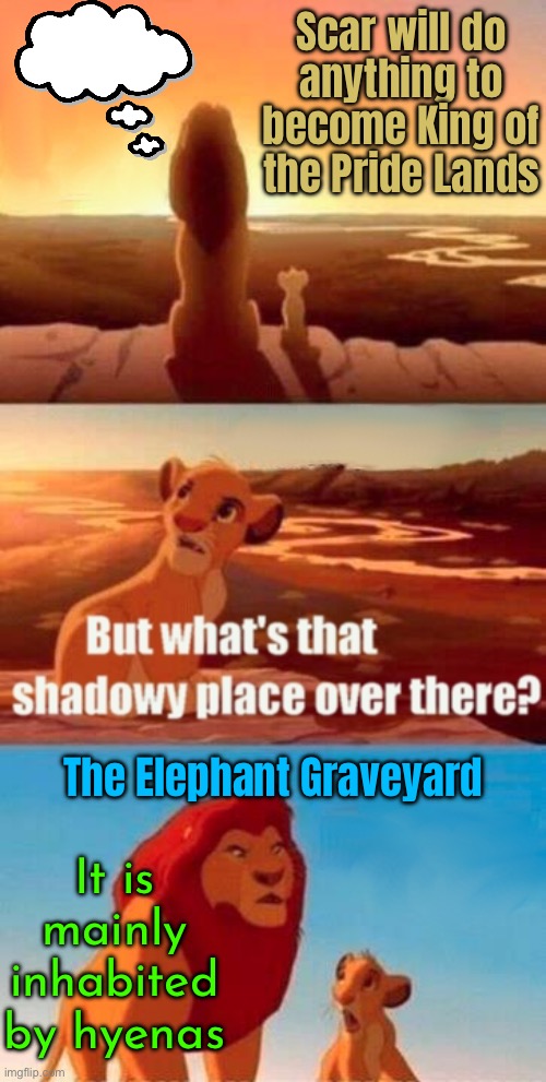 Scar Will Do Anything To Become King Of The Pride Lands | Scar will do
anything to become King of the Pride Lands; The Elephant Graveyard; It is
mainly
inhabited
by hyenas | image tagged in memes,simba shadowy place,inspirational quote,movie quotes,philosophy,life lessons | made w/ Imgflip meme maker