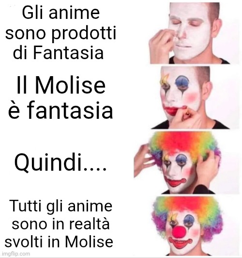 La verità è dura da accettare | Gli anime sono prodotti di Fantasia; Il Molise è fantasia; Quindi.... Tutti gli anime sono in realtà svolti in Molise | image tagged in memes,clown applying makeup | made w/ Imgflip meme maker