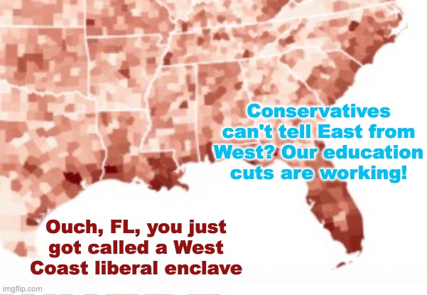Ouch, FL, you just got called a West Coast liberal enclave Conservatives can't tell East from West? Our education cuts are working! | made w/ Imgflip meme maker