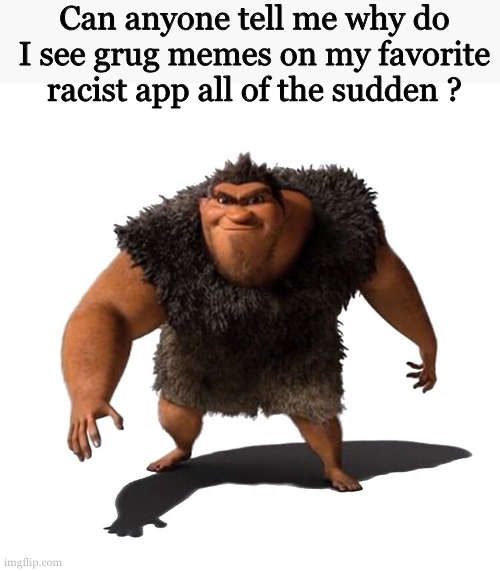 Grug | Can anyone tell me why do I see grug memes on my favorite racist app all of the sudden ? | image tagged in grug | made w/ Imgflip meme maker