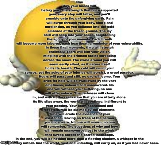 couldn't find a way to format it to be readable. copypasta in comments (by me) | One day, your knees will betray you. The strength that once supported your every step will falter, and you'll crumble onto the unforgiving earth. Pain will surge through your body, sharp and unrelenting, as you collapse into the cold embrace of the frozen ground. The icy chill will seep into your bones, heightening the agony of your wounds. Each breath will become more labored, each heartbeat, a reminder of your vulnerability.

In those final moments, time will stretch endlessly. Tears will blur your vision, mingling with the crimson stains spreading across the snow. The world around you will seem eerily silent, as if nature itself holds its breath. The cold will numb your senses, yet the ache of your injuries will persist, a cruel paradox.

Hours will pass, and still, no one will come. Your cries for help will be swallowed by the vast emptiness, unheard and unanswered. No one will witness your suffering, no one will offer solace. The darkness will close in, and with it, the realization that you are utterly alone.

As life slips away, the world will continue, indifferent to your passing. Your body, abandoned and forgotten, will be claimed by the elements. Time will erode the evidence of your existence, leaving no trace of the person you once were. No one will mourn, no one will remember. The questions of why and how will remain unanswered, lost to the winds that sweep across the barren landscape.

In the end, you will be nothing more than a fleeting shadow, a whisper in the wind, a story untold. And the world, vast and unfeeling, will carry on, as if you had never been. | image tagged in emoji guy shrug | made w/ Imgflip meme maker