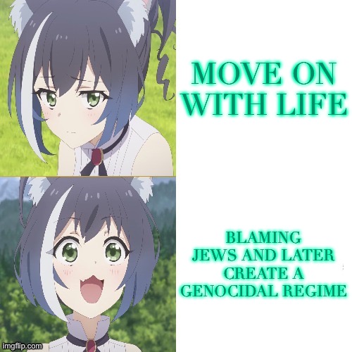 Adolf Hitler failing art school in a nutshell | MOVE ON WITH LIFE; BLAMING JEWS AND LATER CREATE A GENOCIDAL REGIME | image tagged in kyaru hotline bling | made w/ Imgflip meme maker