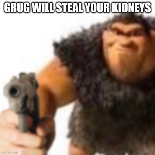 Grug with gun | GRUG WILL STEAL YOUR KIDNEYS | image tagged in grug with gun | made w/ Imgflip meme maker
