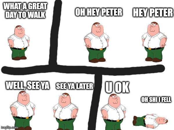 WHAT A GREAT DAY TO WALK; HEY PETER; OH HEY PETER; WELL, SEE YA; SEE YA LATER; U OK; OH SHI I FELL | made w/ Imgflip meme maker