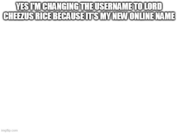 Because kirbyware1 is outdated and just a brand name. | YES I'M CHANGING THE USERNAME TO LORD CHEEZUS RICE BECAUSE IT'S MY NEW ONLINE NAME | image tagged in new | made w/ Imgflip meme maker