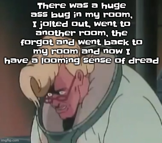 I screamed like a lil bitch when I saw it | There was a huge ass bug in my room, I jolted out, went to another room, the forgot and went back to my room and now I have a looming sense of dread | image tagged in 0 2 seconds no za | made w/ Imgflip meme maker