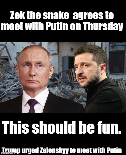 I wonder if ZEK will dance for Putin | Zek the snake  agrees to meet with Putin on Thursday; This should be fun. Trump urged Zelenskyy to meet with Putin | made w/ Imgflip meme maker
