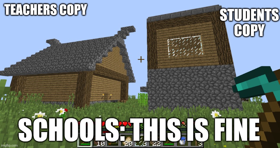 goofy a build in minecraft | STUDENTS COPY; TEACHERS COPY; SCHOOLS: THIS IS FINE | image tagged in goofy a build in minecraft | made w/ Imgflip meme maker