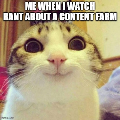 Smiling Cat | ME WHEN I WATCH RANT ABOUT A CONTENT FARM | image tagged in memes,smiling cat | made w/ Imgflip meme maker