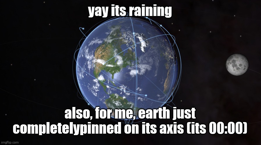 your exact location | yay its raining; also, for me, earth just completelypinned on its axis (its 00:00) | image tagged in your exact location | made w/ Imgflip meme maker