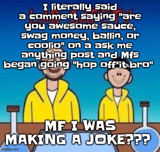 Lab safety with Walter White and Jesse Pinkman | I literally said a comment saying "are you awesome sauce, swag money, ballin, or coolio" on a ask me anything post and Mfs began going "hop off it bro"; MF I WAS MAKING A JOKE??? | image tagged in lab safety with walter white and jesse pinkman | made w/ Imgflip meme maker