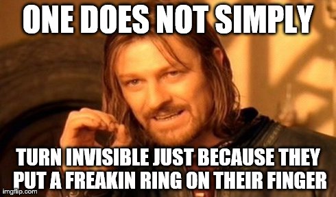 One Does Not Simply | ONE DOES NOT SIMPLY TURN INVISIBLE JUST BECAUSE THEY PUT A FREAKIN RING ON THEIR FINGER | image tagged in memes,one does not simply | made w/ Imgflip meme maker