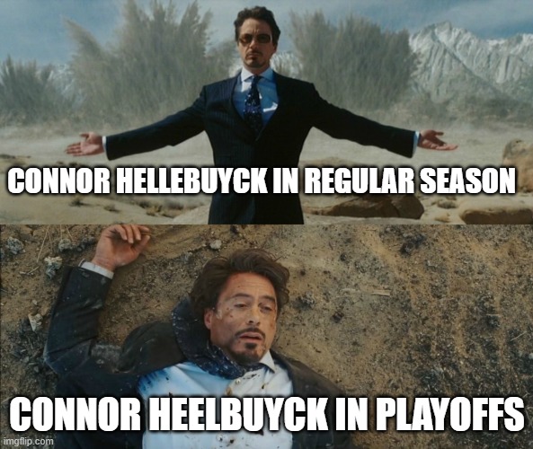 You know it's true Jets fans | CONNOR HELLEBUYCK IN REGULAR SEASON; CONNOR HEELBUYCK IN PLAYOFFS | image tagged in tony stark before and after | made w/ Imgflip meme maker