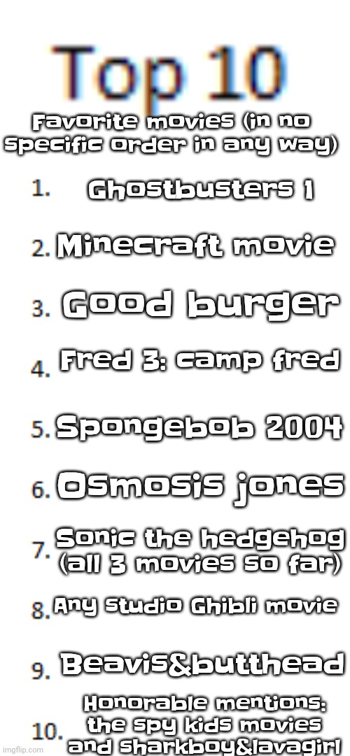 Gonna watch the rest of the Ghostbusters movies soon | Favorite movies (in no specific order in any way); Ghostbusters 1; Minecraft movie; Good burger; Fred 3: camp fred; Spongebob 2004; Osmosis jones; Sonic the hedgehog (all 3 movies so far); Any studio Ghibli movie; Beavis&butthead; Honorable mentions: the spy kids movies and sharkboy&lavagirl | image tagged in top 10 list | made w/ Imgflip meme maker