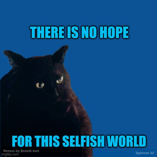 Doomed | THERE IS NO HOPE; FOR THIS SELFISH WORLD | image tagged in contemplate cat,selfishness,greed,corporations,corruption,depression | made w/ Imgflip meme maker