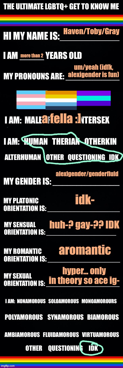 :3 | Haven/Toby/Gray; more than 2; um/yeah (idfk, alexigender is fun); a fella :]; alexigender/genderfluid; idk-; huh-? gay-?? IDK; aromantic; hyper... only in theory so ace ig- | image tagged in the ultimate lgbtq get to know me | made w/ Imgflip meme maker