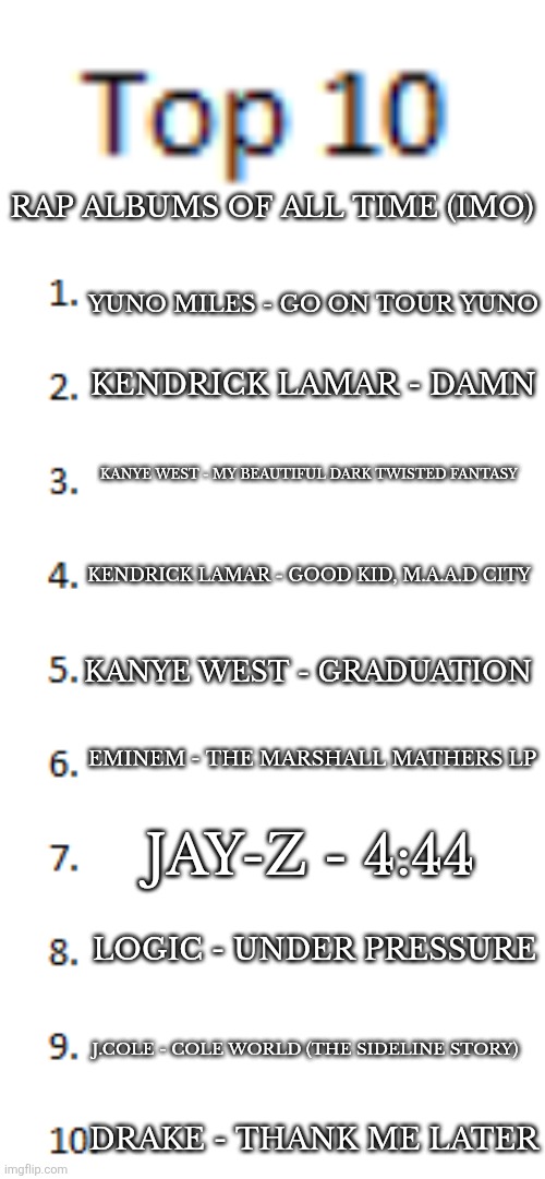 lwk wish i could put wolf by tyler in here | RAP ALBUMS OF ALL TIME (IMO); YUNO MILES - GO ON TOUR YUNO; KENDRICK LAMAR - DAMN; KANYE WEST - MY BEAUTIFUL DARK TWISTED FANTASY; KENDRICK LAMAR - GOOD KID, M.A.A.D CITY; KANYE WEST - GRADUATION; EMINEM - THE MARSHALL MATHERS LP; JAY-Z - 4:44; LOGIC - UNDER PRESSURE; J.COLE - COLE WORLD (THE SIDELINE STORY); DRAKE - THANK ME LATER | image tagged in top 10 list | made w/ Imgflip meme maker