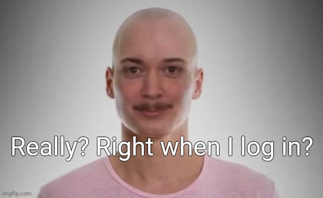 Bald Jimmyhere | Really? Right when I log in? | image tagged in bald jimmyhere | made w/ Imgflip meme maker
