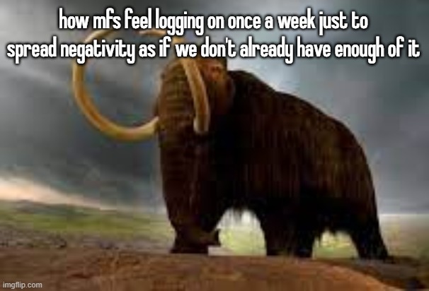 WiseMysticalMammoth 2: Electric Boogaloo | how mfs feel logging on once a week just to spread negativity as if we don't already have enough of it | image tagged in wisemysticalmammoth 2 electric boogaloo | made w/ Imgflip meme maker