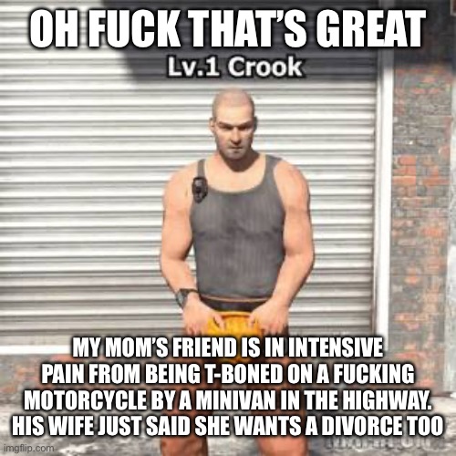 Oh yeah and he bought her a 7 bedroom 4 bath 3 story house that’s like 7 1/2 acres | OH FUCK THAT’S GREAT; MY MOM’S FRIEND IS IN INTENSIVE PAIN FROM BEING T-BONED ON A FUCKING MOTORCYCLE BY A MINIVAN IN THE HIGHWAY. HIS WIFE JUST SAID SHE WANTS A DIVORCE TOO | image tagged in lv 1 crook | made w/ Imgflip meme maker