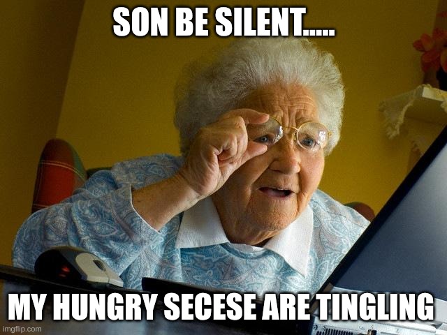 Grandma Finds The Internet | SON BE SILENT..... MY HUNGRY SECESE ARE TINGLING | image tagged in memes,grandma finds the internet | made w/ Imgflip meme maker